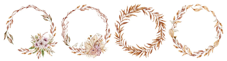 Watercolor boho dried flower bouquet wreath illustration isolated on white background. Fall floral clipart for wedding invitation, decoration, greeting cards