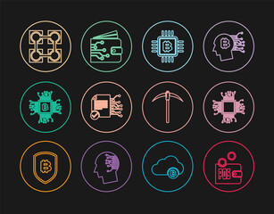 Set line Proof of stake, Processor, CPU mining farm, Smart contract, Blockchain technology, Pickaxe and Cryptocurrency wallet icon. Vector