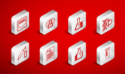 Set line Test tube or flask, Bioengineering, DNA research, search, Genetic, Network port cable socket, Clinical record and Medical syringe and vial icon. Vector