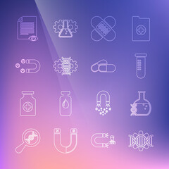 Set line Genetic engineering, DNA research, search, Test tube or flask, Crossed bandage plaster, editing, Customer attracting, Paper page with eye and Medicine pill tablet icon. Vector