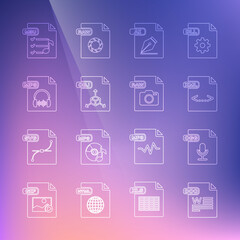 Set line DOC file document, OGG, XML, AI, OBJ, MP3, M3U and RAW icon. Vector