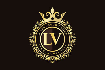 LV Initial Letter Gold calligraphic feminine floral hand drawn heraldic monogram antique vintage style luxury logo design Premium Vector