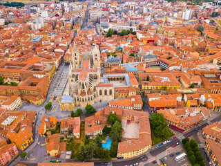 Spanish city of Leon and The House of Light cathedral as seen from drone in summer day