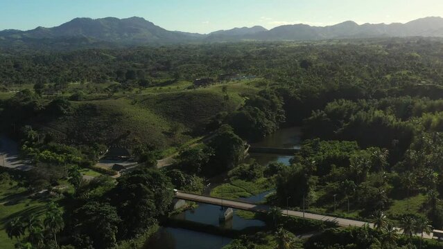 Bridge above Maimon river at Nisibon eco park on way from Higuey to Miches. Dominican Republic. Aerial top view