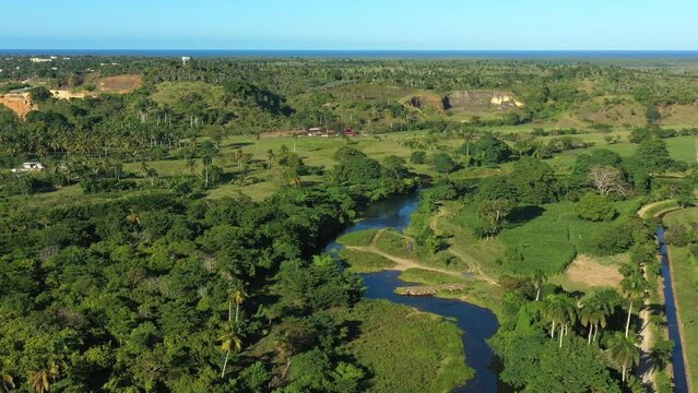 Bridge above Maimon river at Nisibon eco park on way from Higuey to Miches. Dominican Republic. Aerial top view