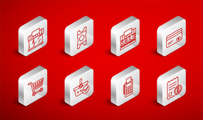 Set line Paper check and financial check, Coupon, Shopping building sale, Credit card, POS terminal with credit, or market store, basket and cart icon. Vector