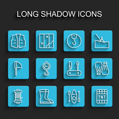Set line Spinning reel for fishing, Fishing boots, jacket, Kayak canoe, Detonate dynamite bomb stick, Spring scale, Rubber flippers swimming and Swiss army knife icon. Vector
