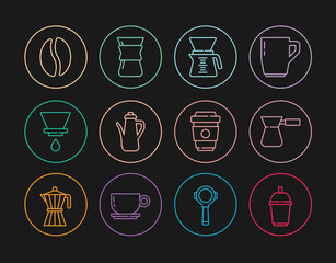 Set line Coffee cup to go, turk, Pour over coffee maker, Teapot, V60, beans, and icon. Vector