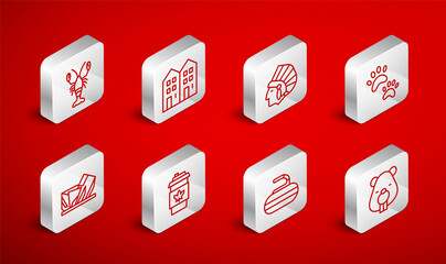 Set line Beaver animal, House, Native American Indian, Paw print, Stone for curling, Lobster, Coffee cup go and Royal Ontario museum icon. Vector