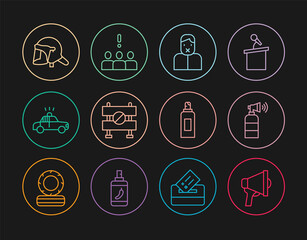 Set line Megaphone, Air horn, Censor and freedom of speech, Road barrier, Police car flasher, helmet, Paint spray can and Crowd protest icon. Vector