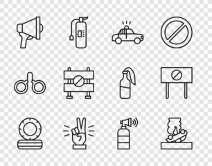 Set line Lying burning tires, Burning car, Police and flasher, Hand showing two finger, Megaphone, Road barrier, Air horn and Protest icon. Vector
