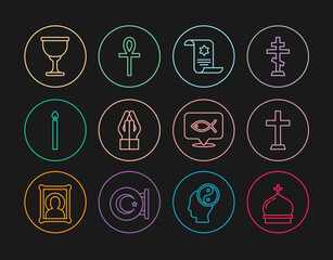 Set line Church tower, Christian cross, Torah scroll, Hands in praying position, Burning candle, Holy grail chalice, fish and Cross ankh icon. Vector