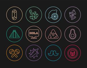 Set line Mexican skull coin, Avocado fruit, Lemon, Hola, Chichen Itza Mayan, Burrito, Nachos and Cactus icon. Vector © vector_v