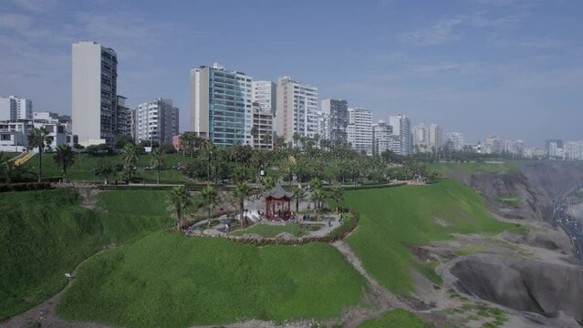 Aerial view of Chinese Park and the Miraflores boardwalk in Lima. Peru