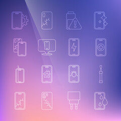 Set line Waterproof phone, Screwdriver, Phone repair service, Smartphone battery charge, Mobile with broken screen, and charging icon. Vector