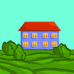 Artistic colorful house. Digital imitation painting. Vector. 