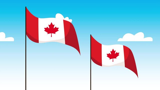 canadian flags waving in pole animation