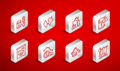 Set line Drop in crude oil price, Broken piggy bank, Fire burning house, Dollar rate decrease, and Pie chart infographic icon. Vector