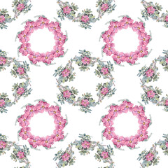 Seamless pattern with watercolor circle frame border template for design. Branch flower dog rose on white background. Hand-drawn summer plant with leaves. Art with copy space. For wedding invitation