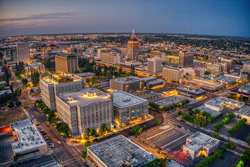 Aerial View of the Fresno, California Skyline at Dusk - 504826392