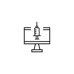 Fototapeta premium Monochrome sign drawn with black thin line. Perfect for internet resources, stores, books, shops, advertising. Vector icon of syringe with needle inside of computer