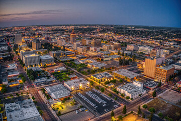 Fototapeta premium Aerial View of the Fresno, California Skyline at Dusk