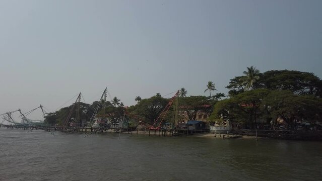 Chinese fishing nets in Kochi (Cochin) India from a passing boat