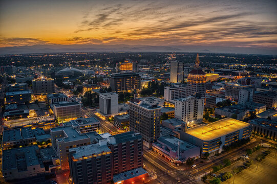 Aerial View of the Fresno, California Skyline at Dusk