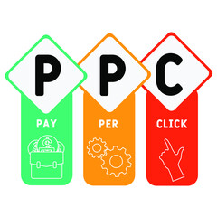 PPC - Pay per click acronym. business concept background. vector illustration concept with keywords and icons. lettering illustration with icons for web banner, flyer, landing pag 