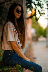 beautiful girl with long hair and sunglasses