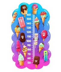 Kids height chart with ice cream cartoon characters, vector growth meter. Child measure ruler with cartoon frozen ice cream desserts. Chocolate and fruit gelato. eskimo and waffle cone, caramel scoop