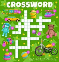 Cartoon kids toys vector crossword worksheet. Find a word quiz game grid and fill in squares puzzle on stars background with ball, bear, train and car, blocks, rabbit, bicycle, rattle and bucket