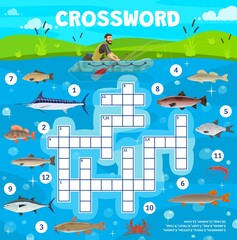 Fototapeta premium Fish and fishing sport, crossword puzzle game grid, quiz worksheet. Vector riddle with fisherman on boat catch swordfish, perch, catfish, zander, bream, pike, carp, trout, tuna, crab, shrimp and chum