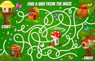 Fototapeta premium Labyrinth maze with wooden, acorn, snail, mushroom and nest cartoon houses. Kids vector board game with tangled path, start, finish and fairy homes on green field. Education children find a way riddle