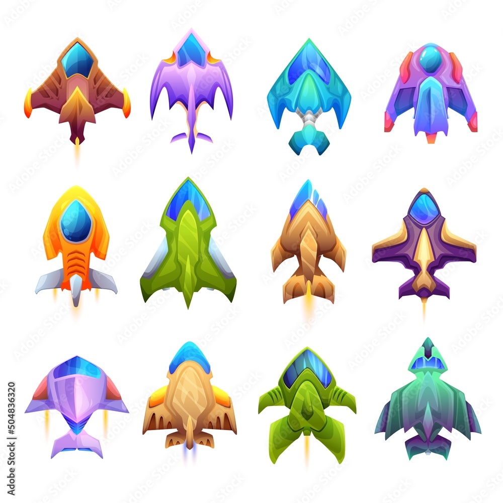 Aufkleber cartoon starship, spacecraft and spaceship icons. isolated fantasy vector rockets and shuttles of sp