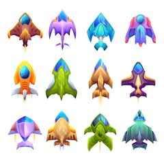 Cartoon starship, spacecraft and spaceship icons. Isolated fantasy vector rockets and shuttles of space game ui asset with fuselages, portholes and burning nozzles, galaxy explorers or warships © Vector Tradition