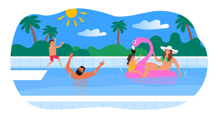 happy family in swimming pool summer vacation vector illustration