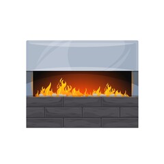 modern interior fireplace. Dwelling contemporary artificial fireplace, house vector stone hearth, home interior isolated element with wide burning fire, brick or concrete wall