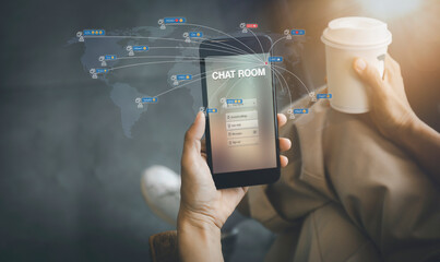 Women hands hold and use a telephone connect social network with people around the world. Women relax with mobilephone and coffee chat with friend on morning. Female use phone social media connection