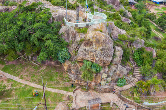 Tobati, Cordillera, Paraguay - May 09, 2022: Aerial view of the viewpoint in Tobati (Mirador Tobati) symbolizes the pottery and craftsmanship of the citizens of this town in Paraguay.