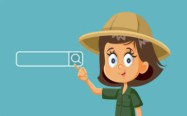 Little Explorer Girl Searching the Web Vector Cartoon - obrazy, fototapety, plakaty
