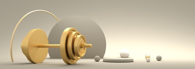 Gym training and home exercising and fitness equipment. Golden dumbbell. Tools for healthy lifestyle and wellbeing. 3D render