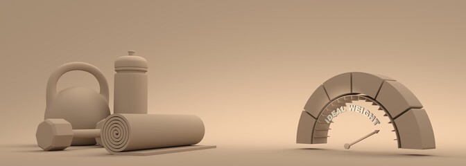 Gym training and home exercising and fitness equipment. Dumbbells, bob, yoga mat and bottle. Tools for healthy lifestyle and wellbeing. Weight measuring device with arrow and scale. 3D render