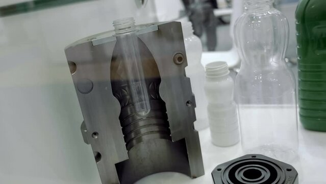 Industrial die for the manufacture of plastic bottles by injection blow moulding (injection stretch blow moulding, ISBM). Closeup. Shot in motion