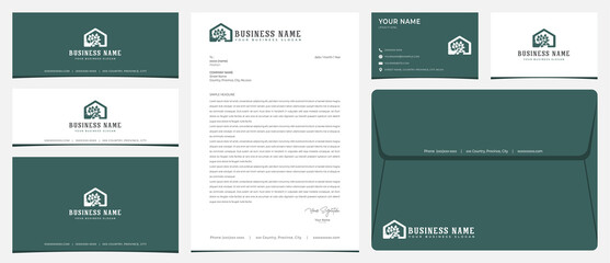 Home tree logo with stationery, business card and social media banner designs