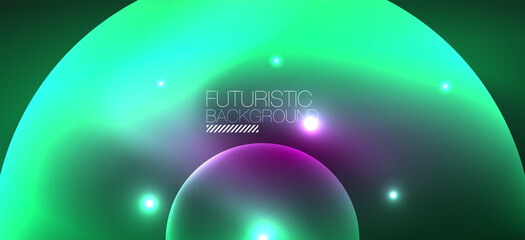 Abstract background with neon glowing light effects. Round shapes, triangles and circles. Wallpaper for concept of AI technology, blockchain, communication, 5G, science, business and technology