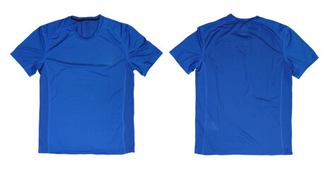 Front and back blue running shirt mockup on white background