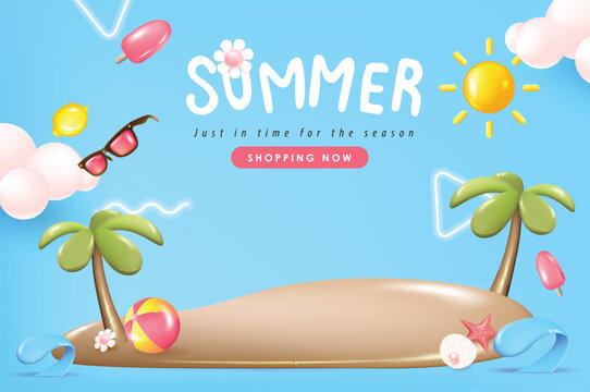 Summer sale banner background with island and beach vibes decorate