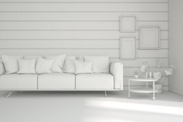 White minimalist living room with sofa. Scandinavian interior design. 3D illustration