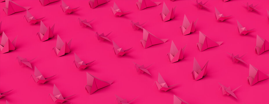 Birds made from folded Pink paper against Pink background. Origami concept Banner.